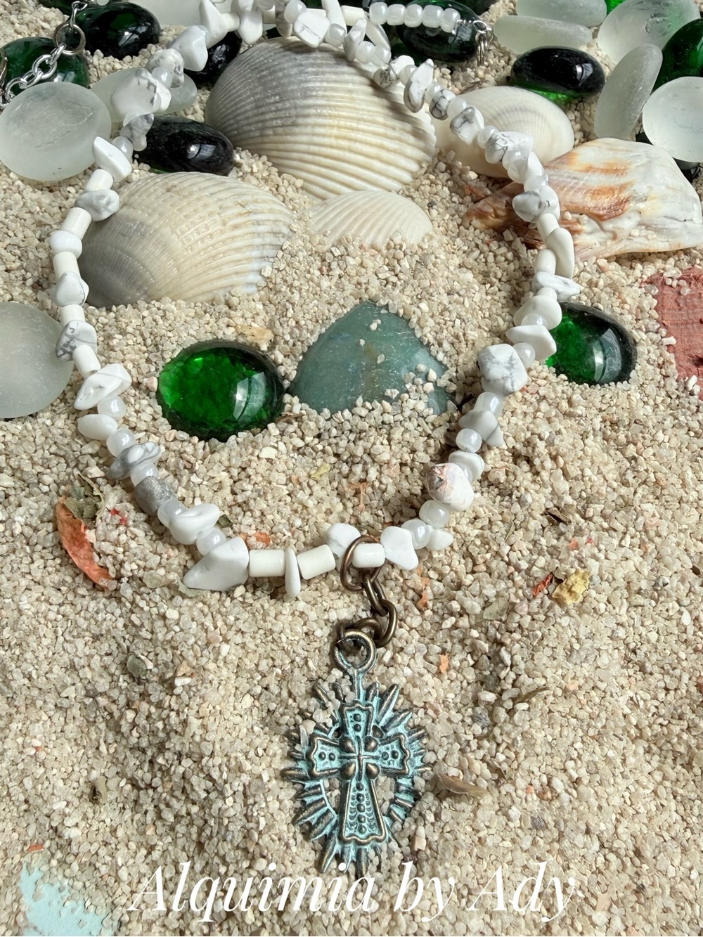 Boho + White Howlite Beaded Necklace with Patina Cross Pendant